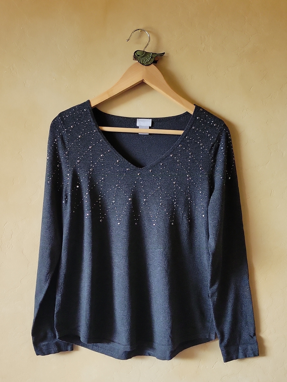Chicos Grey V Neck Sweater Size 1 Metal Embellished